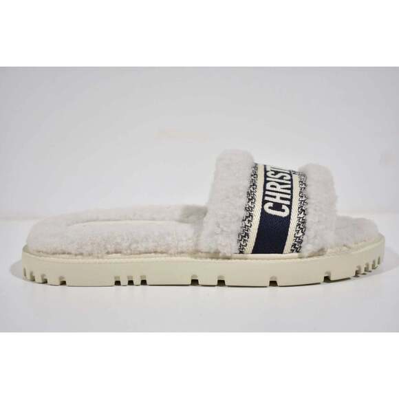 Christian Dior Dway Blue White Shearling Fur Logo Chunky Slide Flat Sandal 41 - Picture 3 of 12
